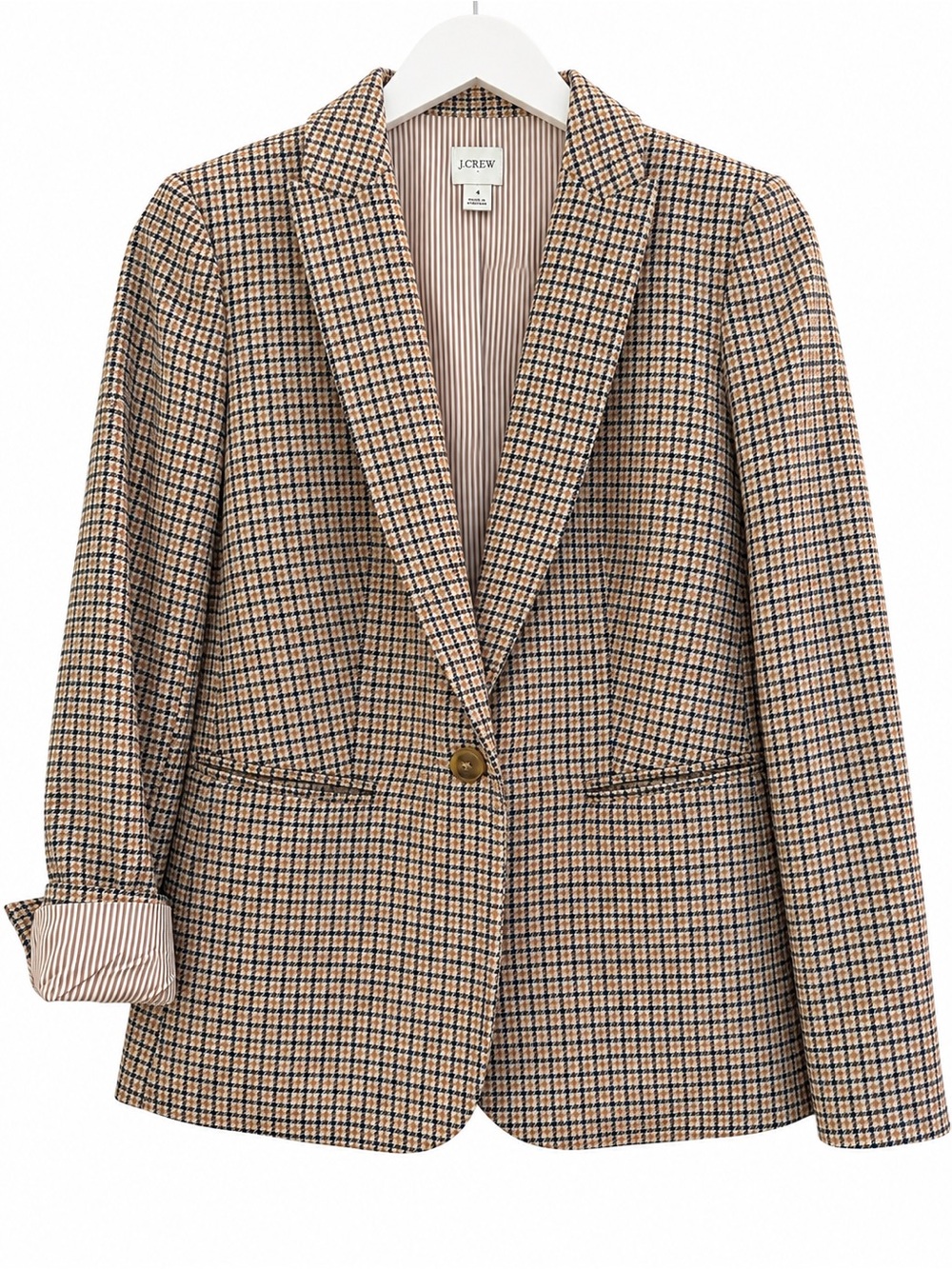 J.Crew Sommerset Houndstooth Wool Blazer Tan Navy Brown Size 4